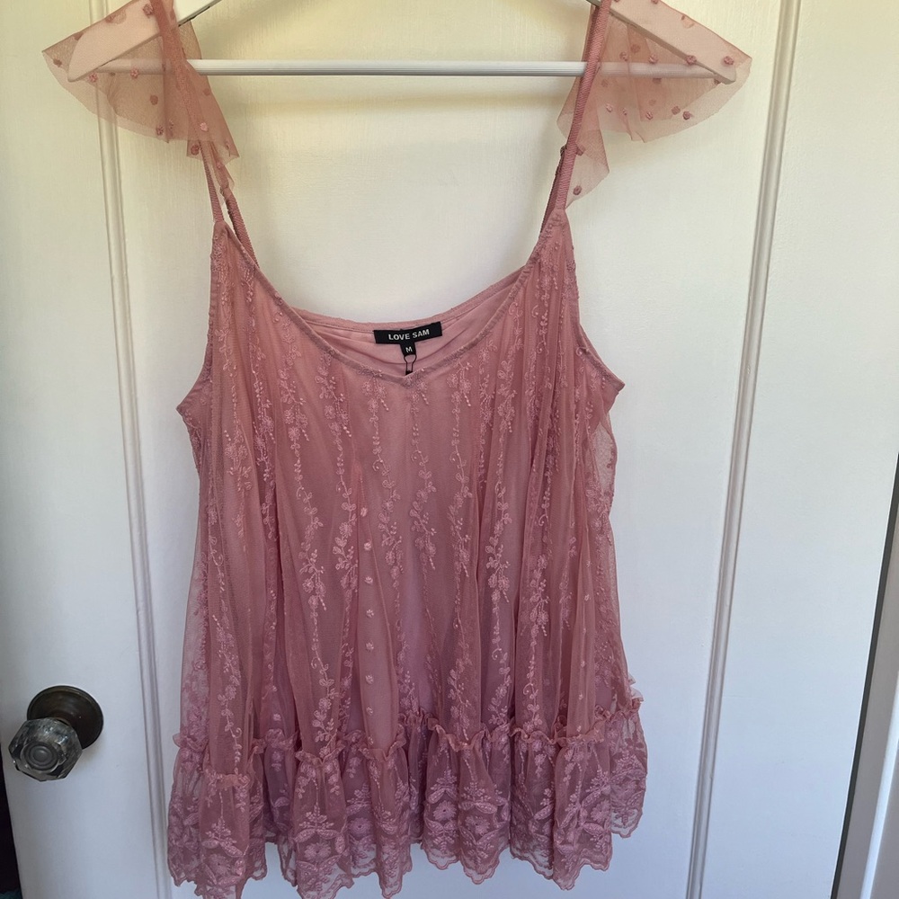 NWT Love Sam Peony pink Floral Mesh Camisole
